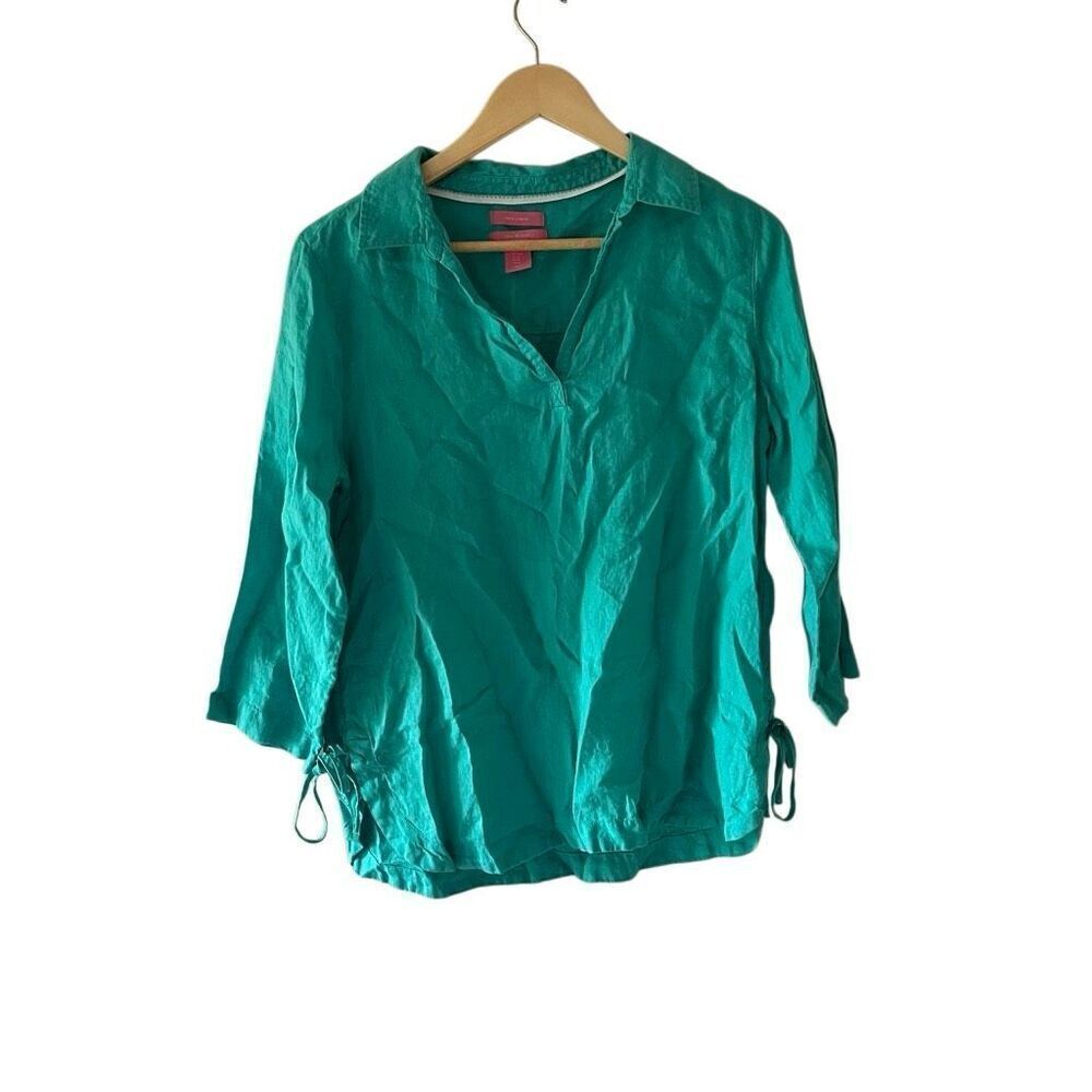 Isaac Mizrahi Blue Linen Tunic 3/4 length sleeves aqua lightweight beach